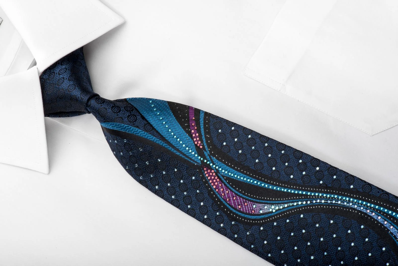 Daniel Hechter Men's Silk Necktie Waves On Navy Blue Rhinestone Necktie - Image 3