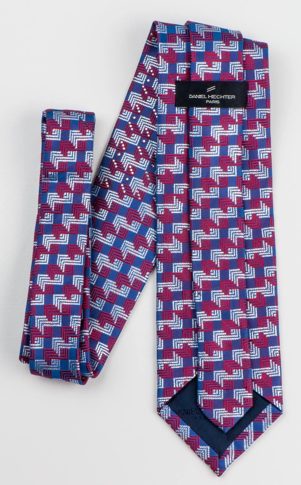 Daniel Hechter Men's Silk Rhinestone Necktie Silver & Red Lattice On Blue With Silver Sparkles - Image 2