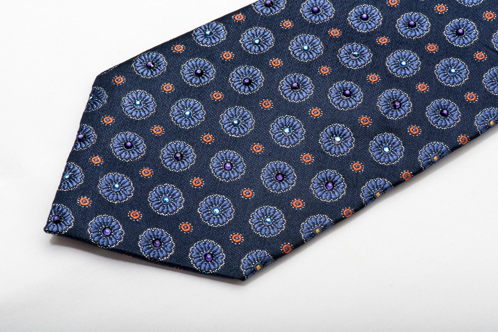 Daniel Hechter Men's Silk Tie Floral On Blue Sparkling With Rhinestones - Image 4