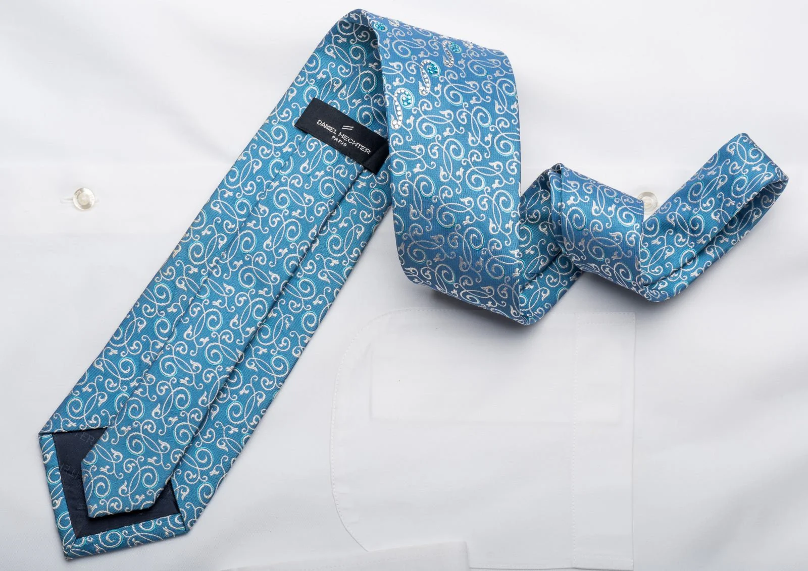 Daniel Hechter Men's Silk Tie Silver Filigree On Blue Sparkling With Rhinestones - Image 5