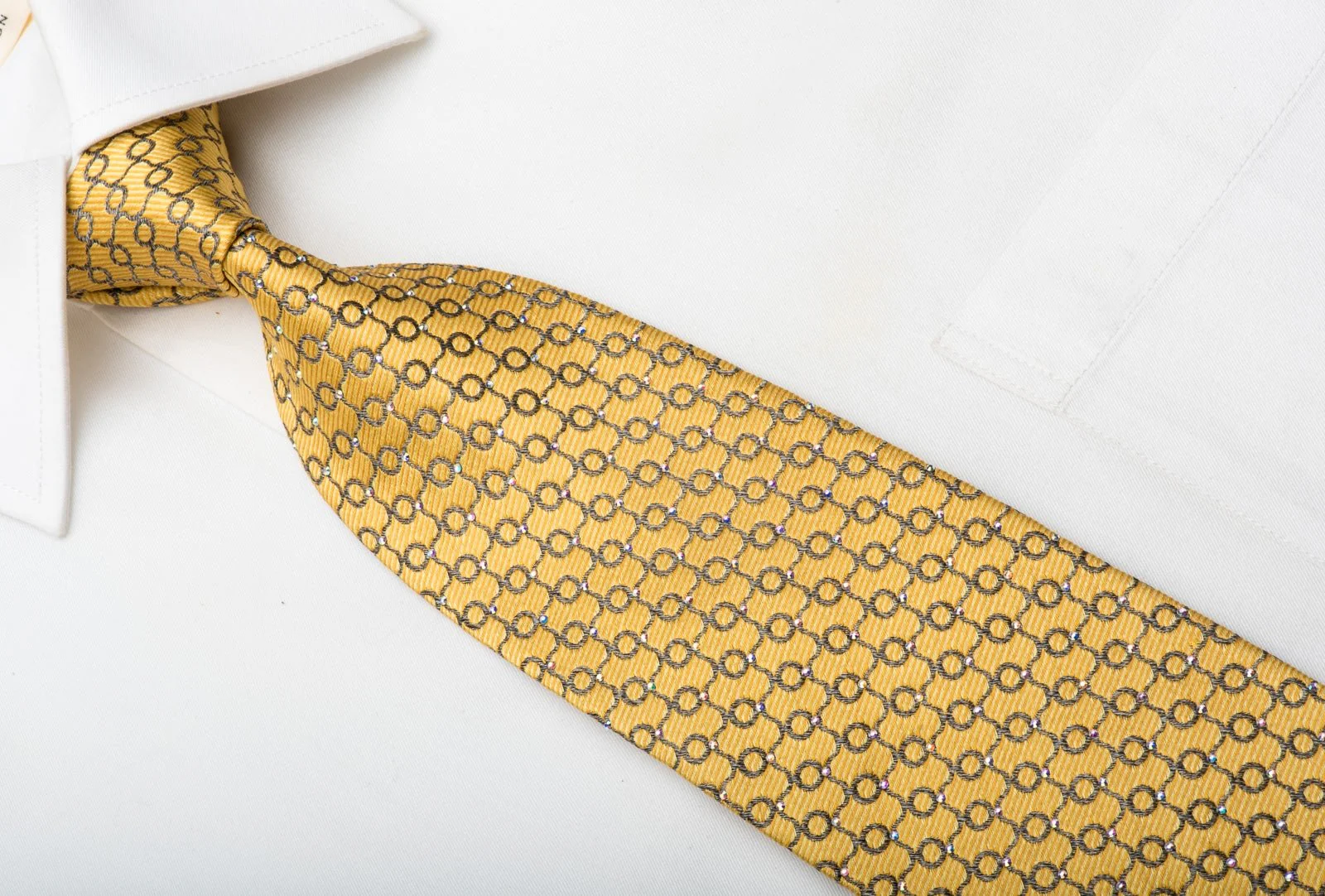 Daniel Hechter Men's Silk Tie Silver Trellis On Golden Yellow Sparkling With Rhinestones - Image 2