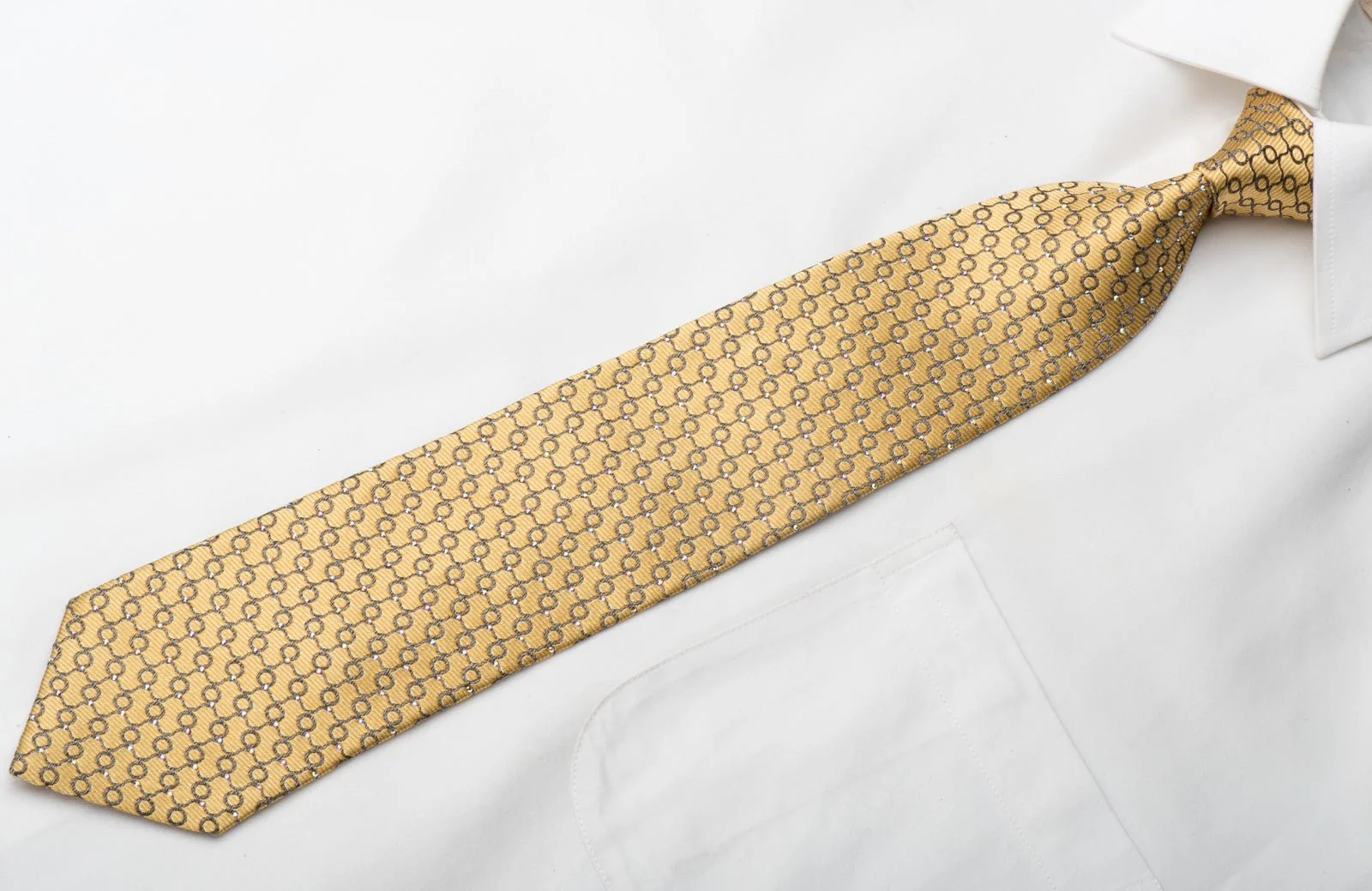 Daniel Hechter Men's Silk Tie Silver Trellis On Golden Yellow Sparkling With Rhinestones - Image 4