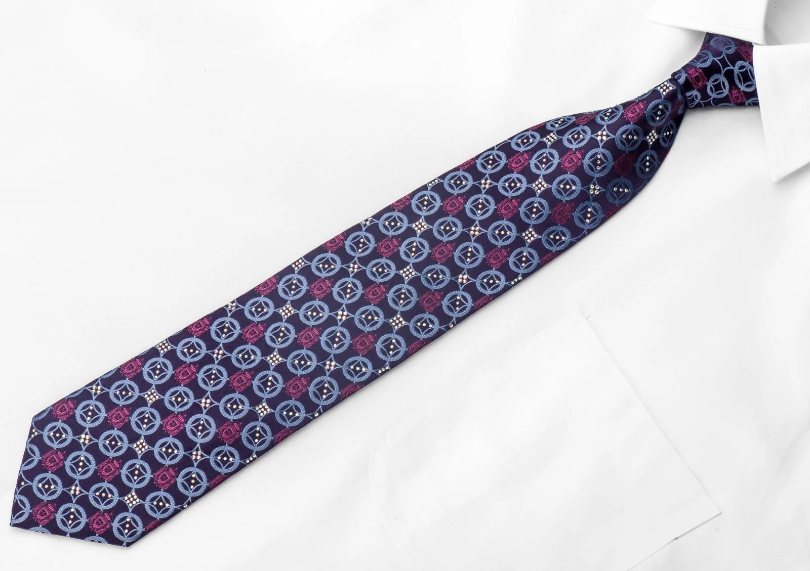 Mens Crystal Rhinestone Necktie Blue Circles On Dark Purple - Image 4