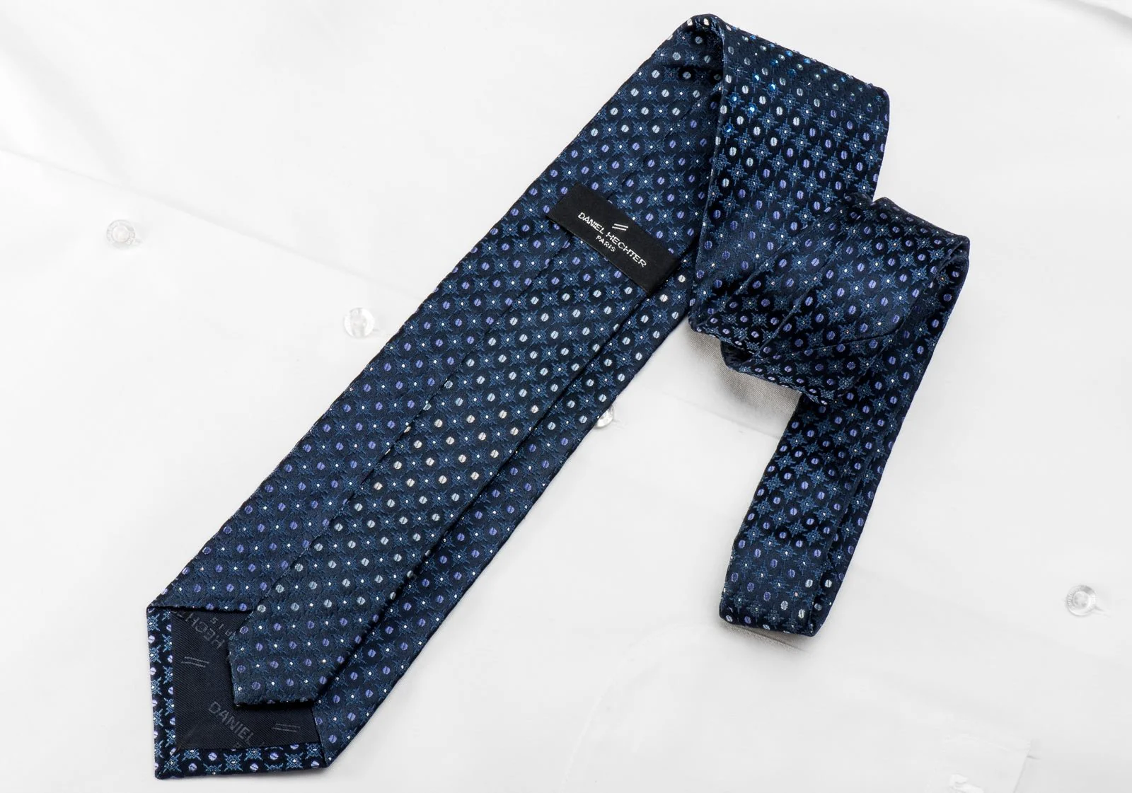 Daniel Hechter Mens Crystal Rhinestone Silk Tie Geometric On Blue With Silver Sparkles - Image 4