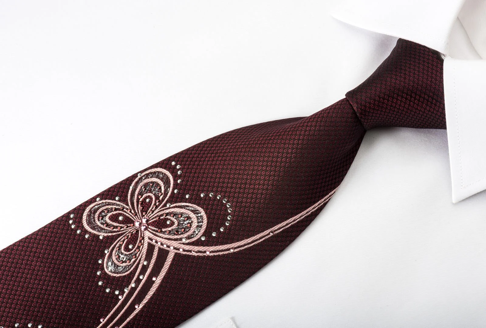 Daniel Hechter Rhinestone Necktie Abstract Floral On Brown Silk - Image 3