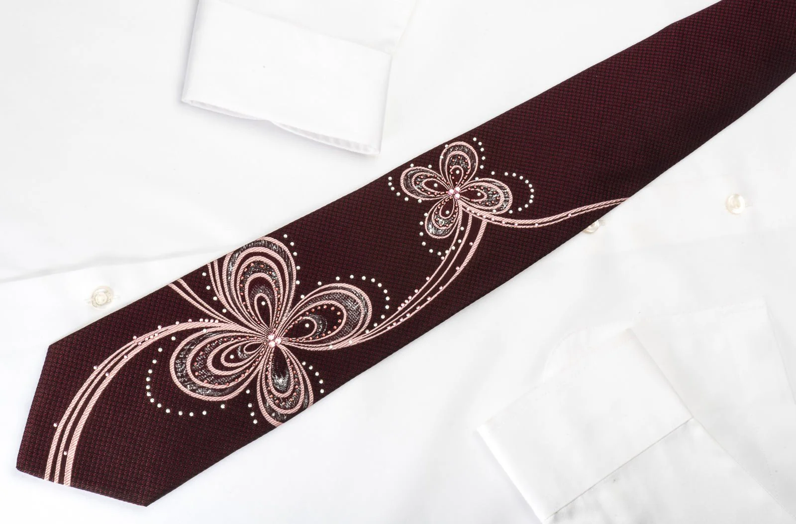 Daniel Hechter Rhinestone Necktie Abstract Floral On Brown Silk - Image 5
