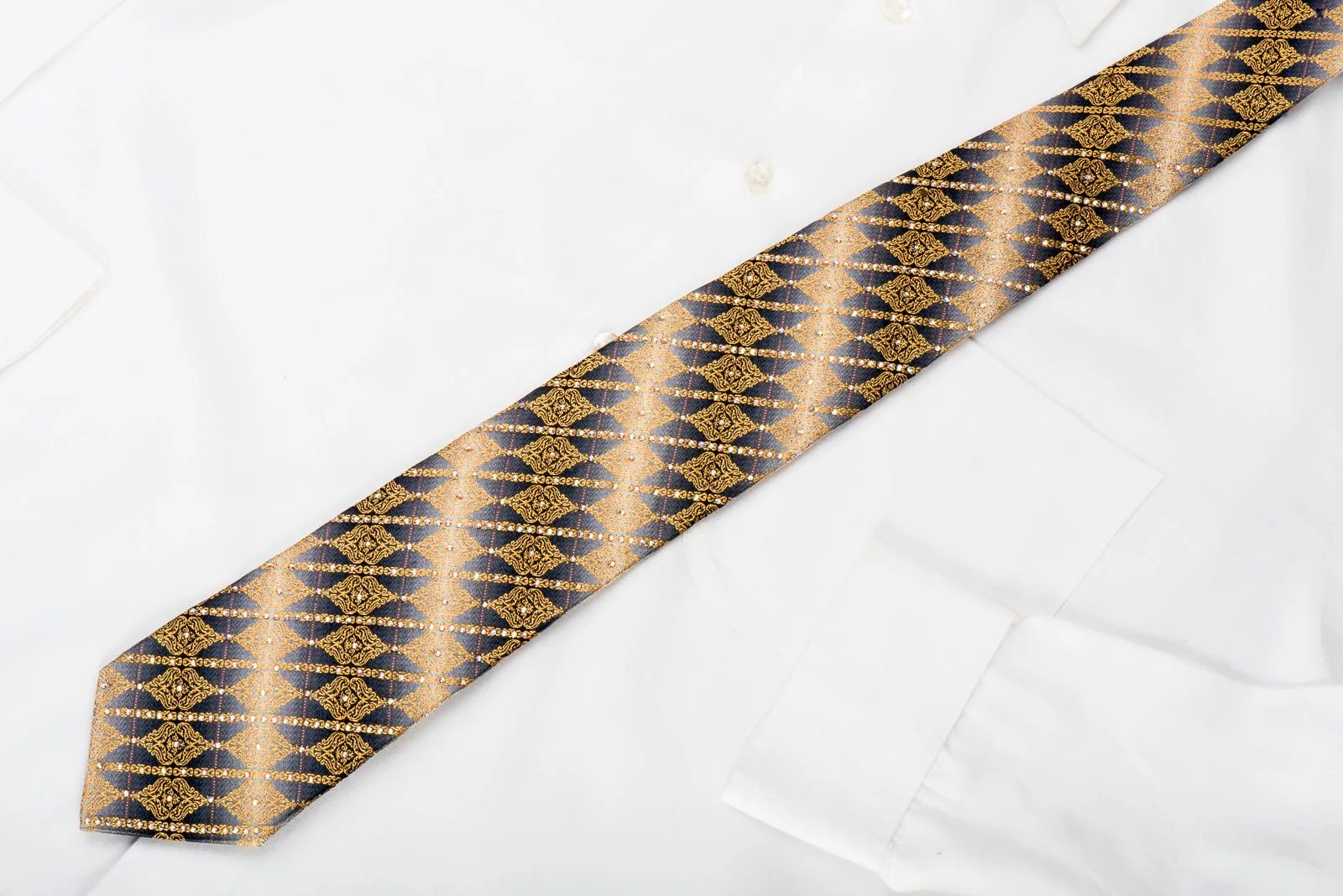 Daniel Hechter Mens Rhinestone Necktie Golden Cartouche On Silver Silk With Gold Sparkles - Image 5