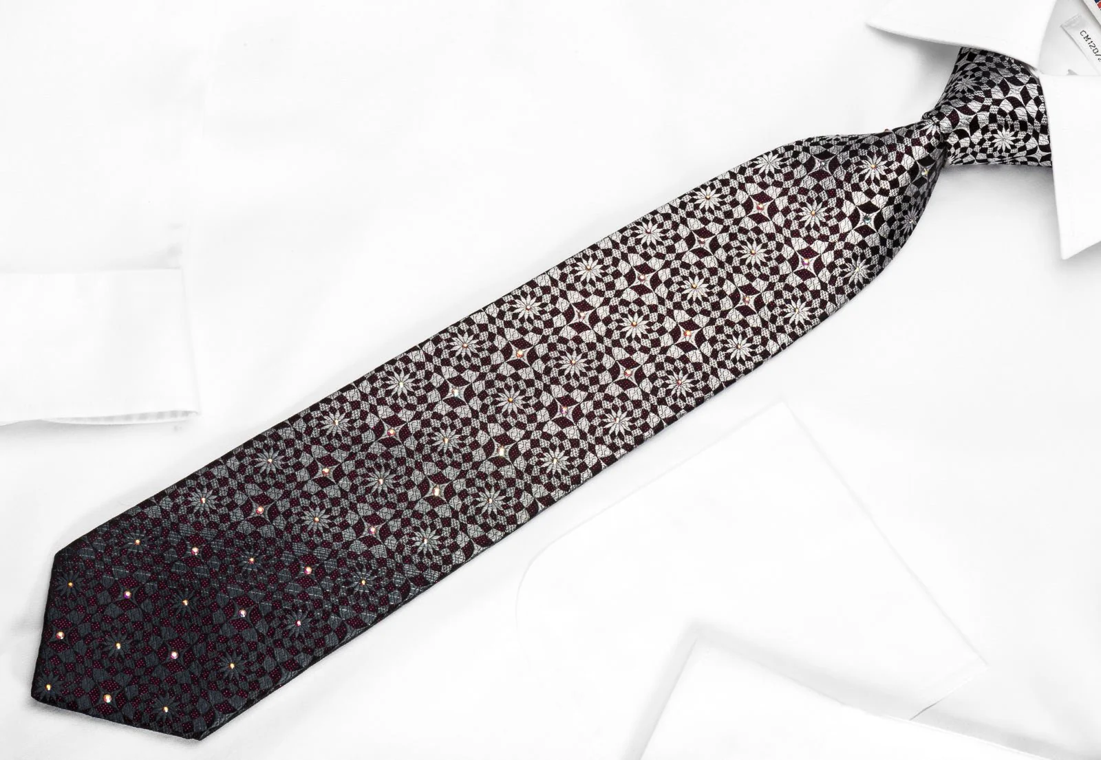 Daniel Hechter Rhinestone Necktie Silver Geometric On Black With Red Sparkles - Image 5