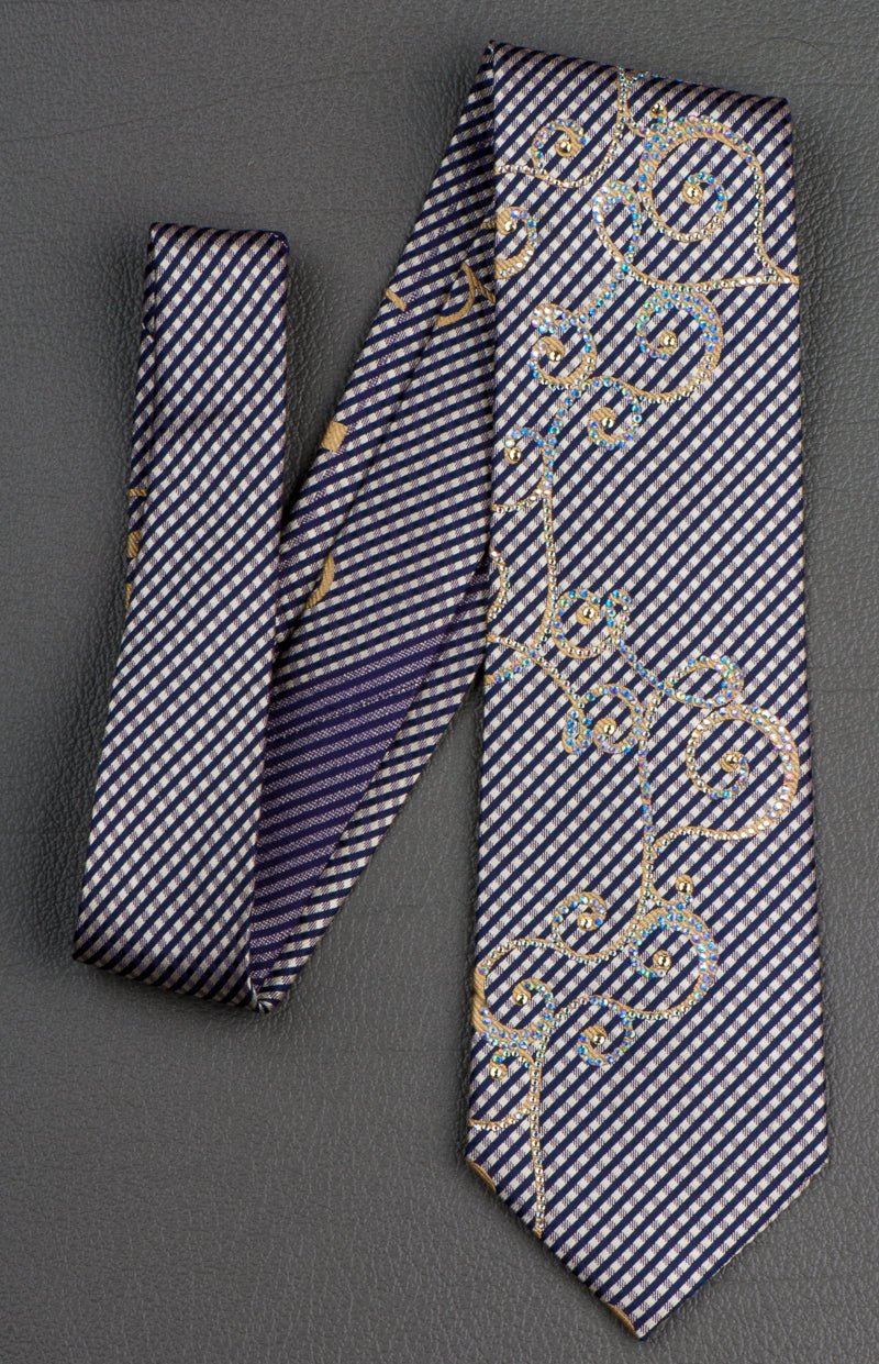 Daniel Hechter Rhinestone Silk Neck Tie Golden Scrolls With Beige Black Stripes - Image 2