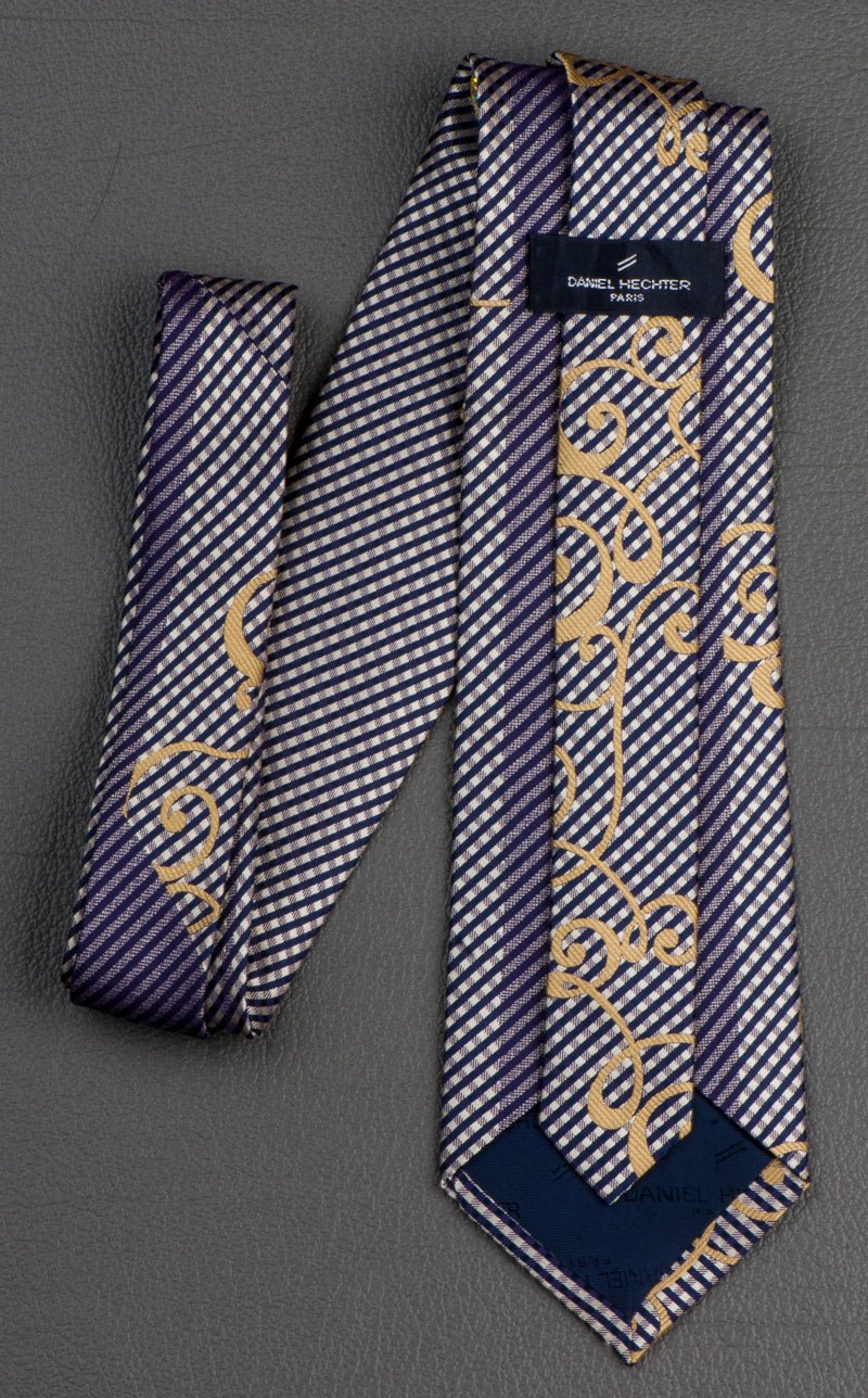 Daniel Hechter Rhinestone Silk Neck Tie Golden Scrolls With Beige Black Stripes - Image 7