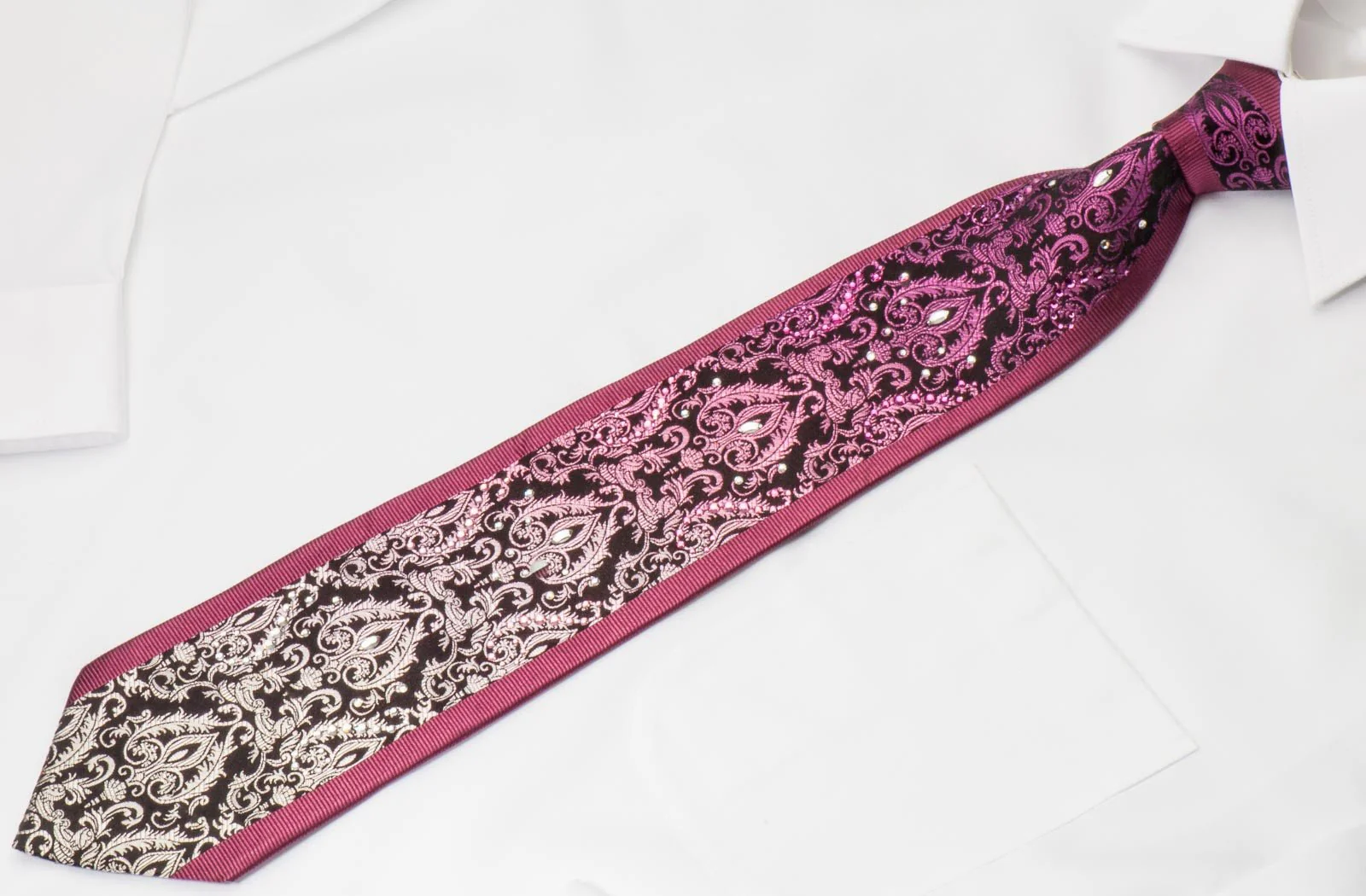 Daniel Hechter Rhinestone Silk Neck Tie Silver Damask On Black With White & Pink Crystal Rhinestones - Image 2