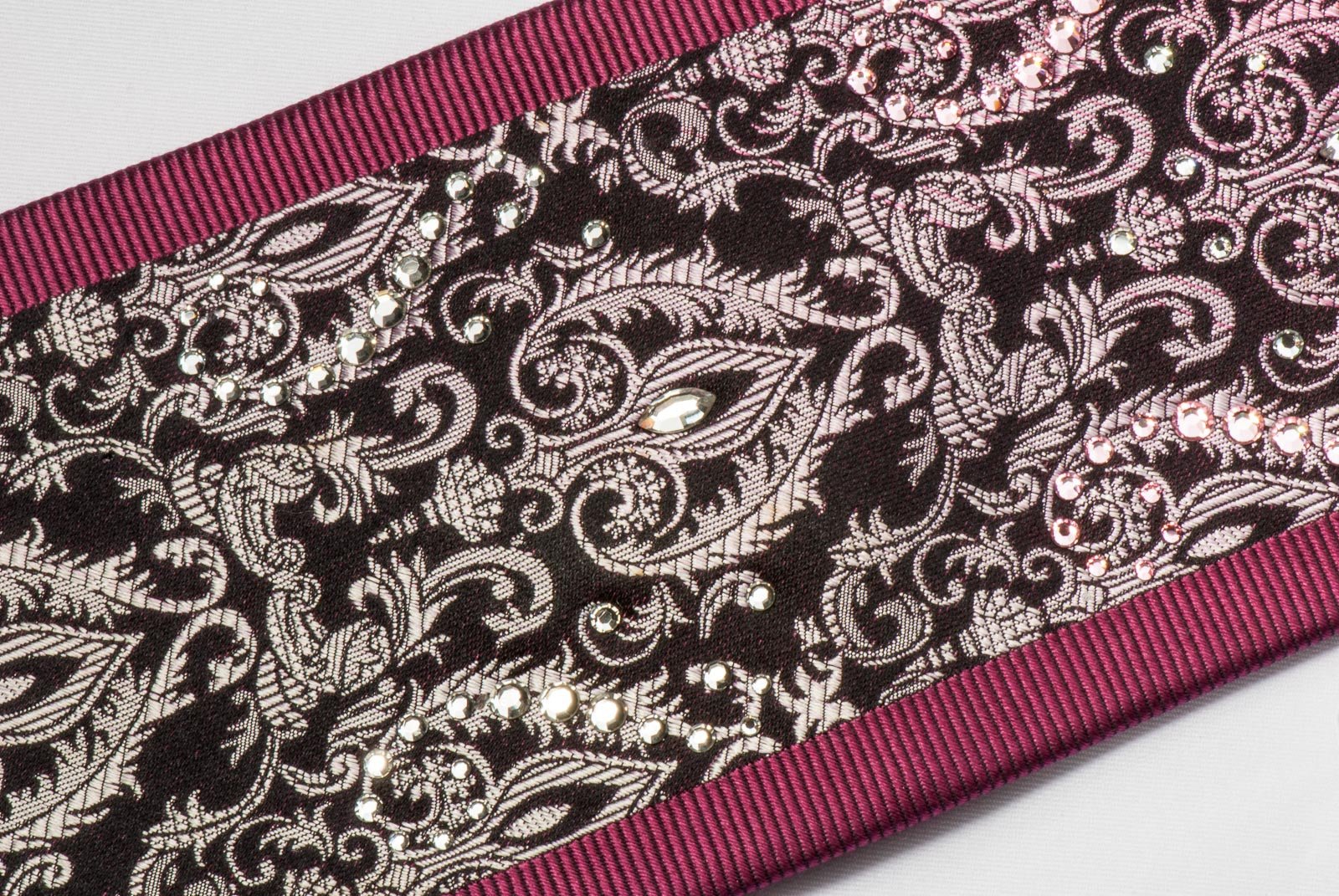 Daniel Hechter Rhinestone Silk Neck Tie Silver Damask On Black With White & Pink Crystal Rhinestones - Image 5