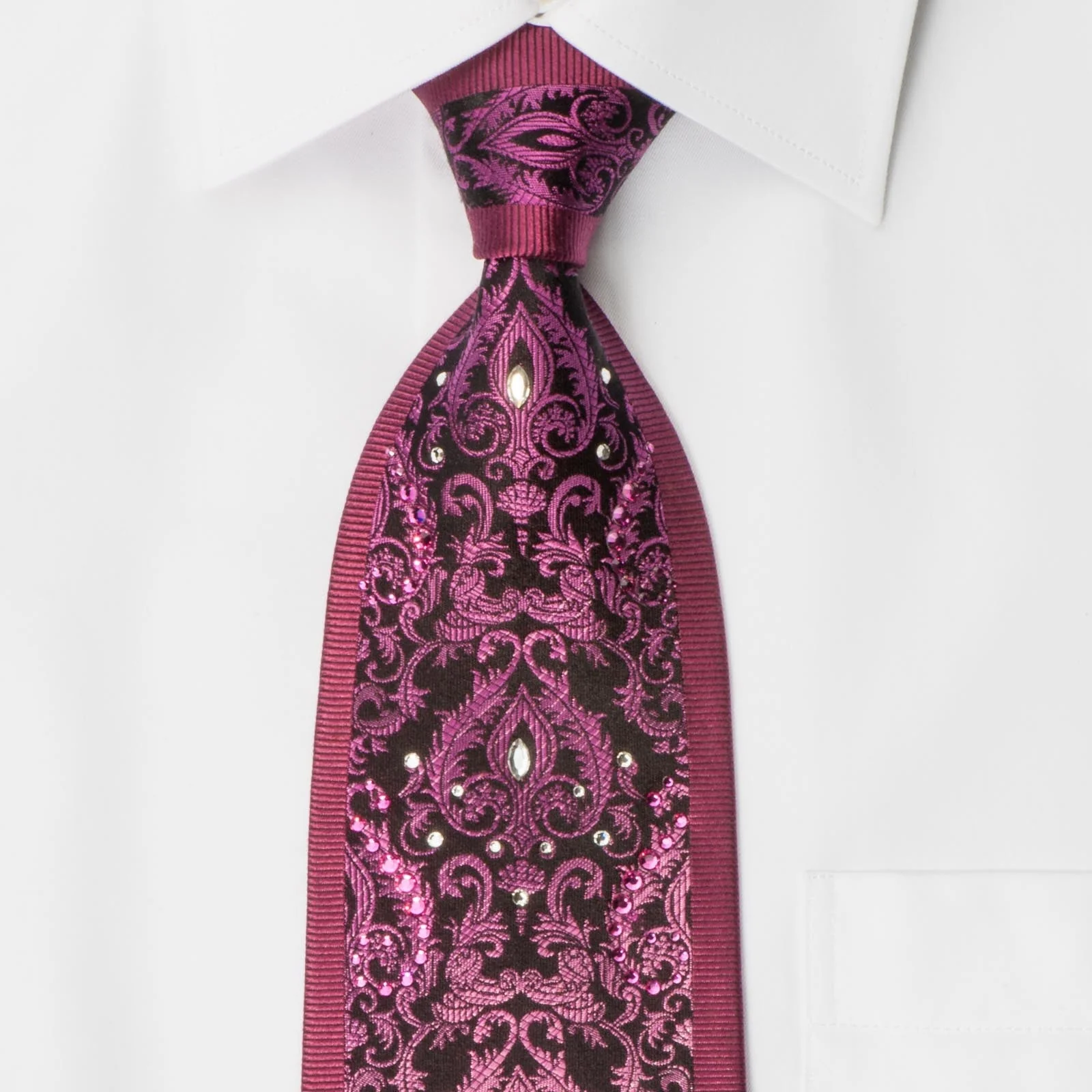 Daniel Hechter Rhinestone Silk Neck Tie Silver Damask On Black With White & Pink Crystal Rhinestones - Image 8