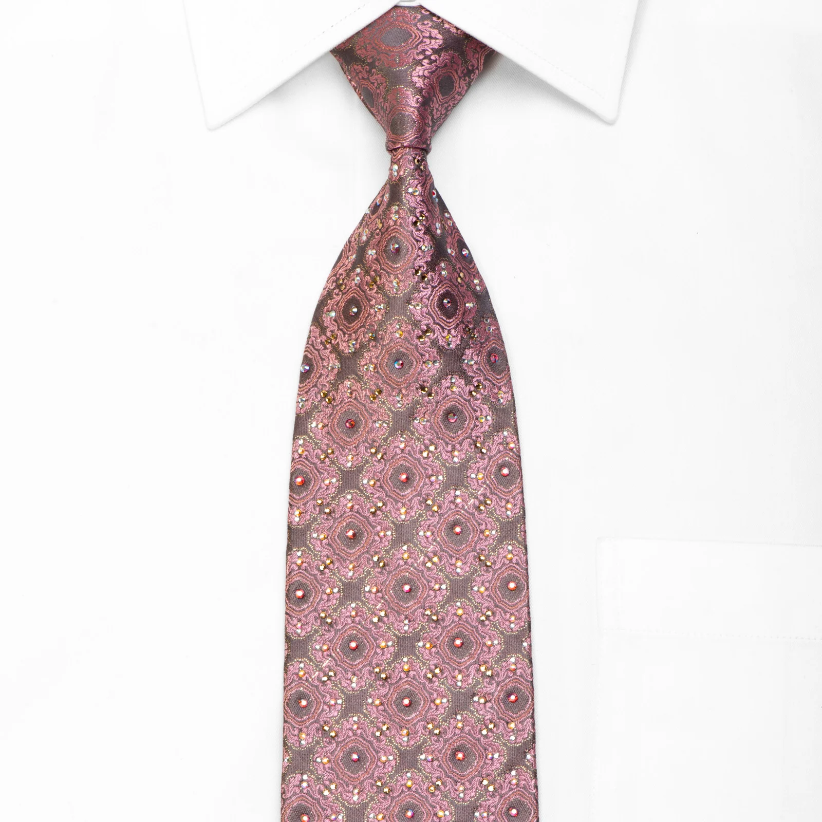 Daniel Hechter Rhinestone Silk Necktie Cartouche On Pink Gray With Sparkles