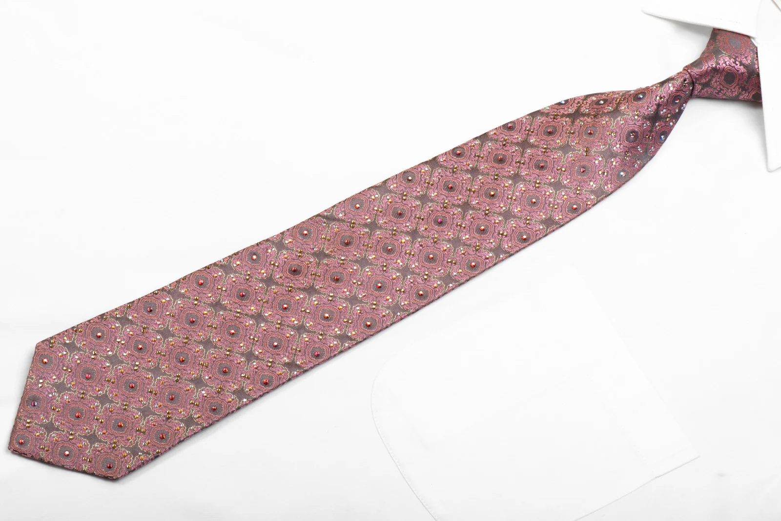 Daniel Hechter Rhinestone Silk Necktie Cartouche On Pink Gray With Sparkles - Image 3