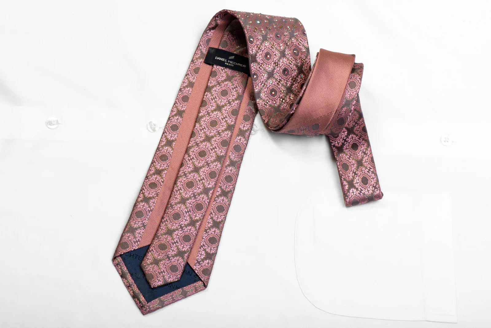 Daniel Hechter Rhinestone Silk Necktie Cartouche On Pink Gray With Sparkles - Image 4