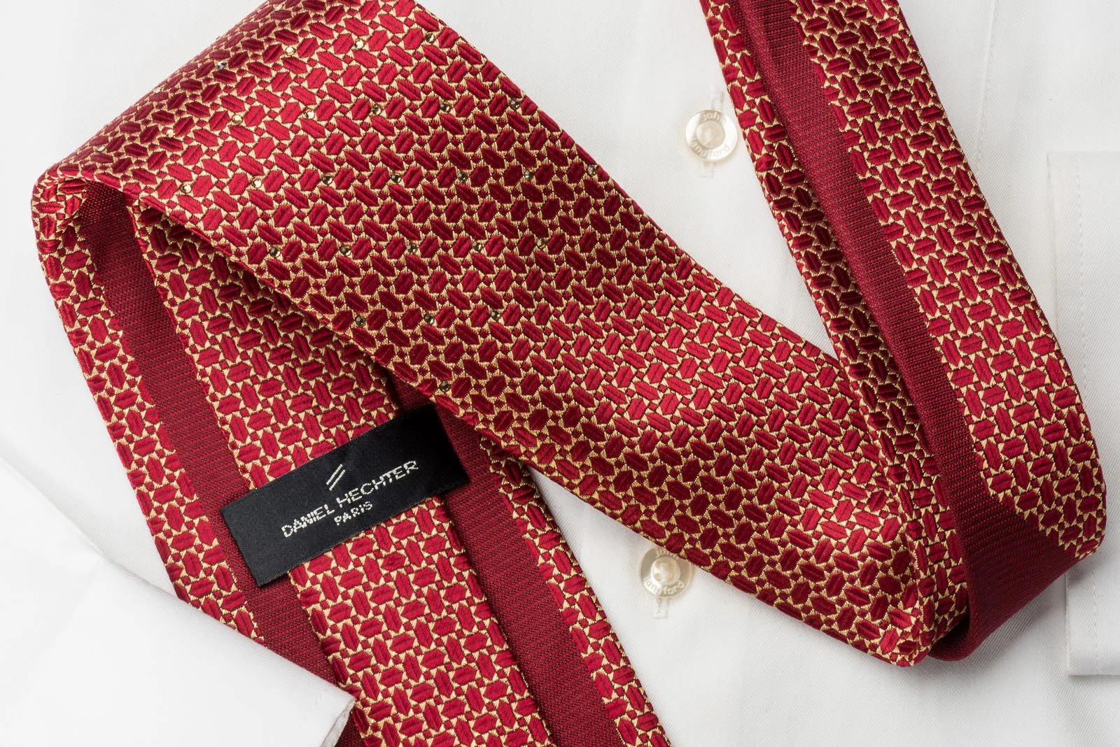 Daniel Hechter Rhinestone Silk Necktie Gold Burgundy Geometric With Silver Sparkles - Image 5