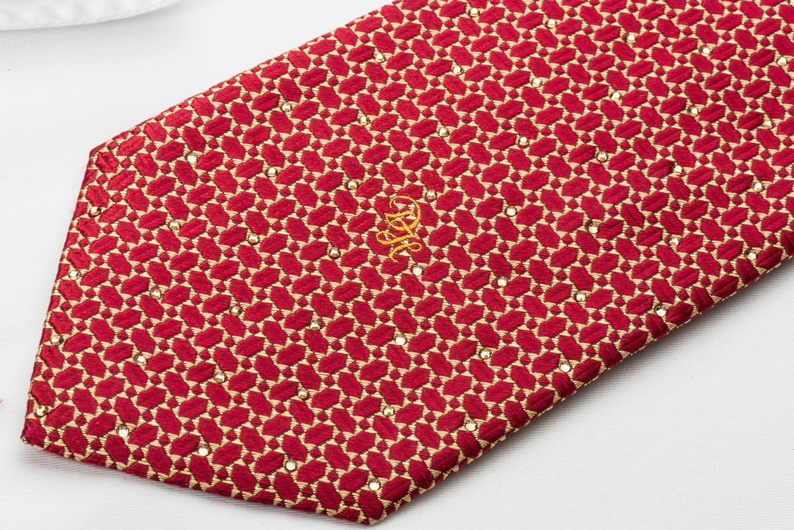 Daniel Hechter Rhinestone Silk Necktie Gold Burgundy Geometric With Silver Sparkles - Image 6