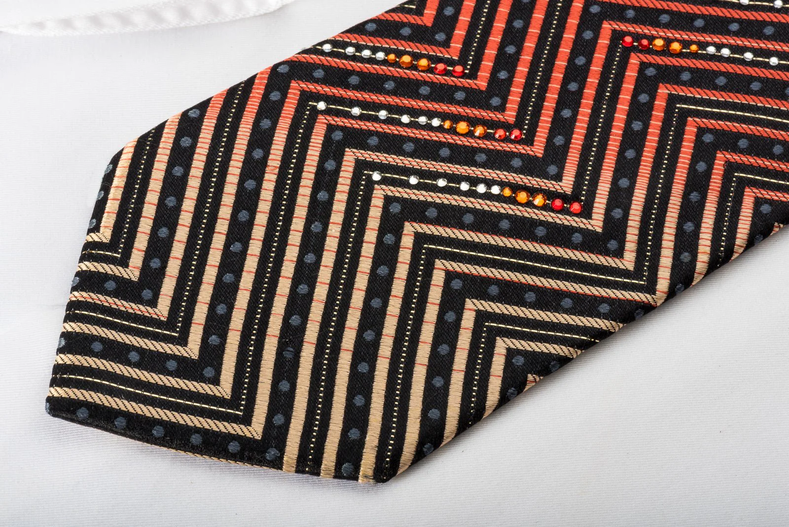 Daniel Hechter Rhinestone Silk Necktie Orange Chevron Stripes On Black With Silver Sparkles - Image 5