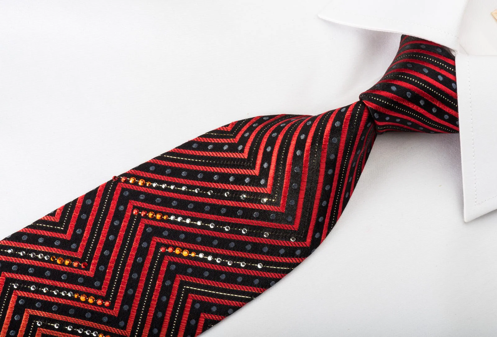 Daniel Hechter Rhinestone Silk Necktie Orange Chevron Stripes On Black With Silver Sparkles - Image 8
