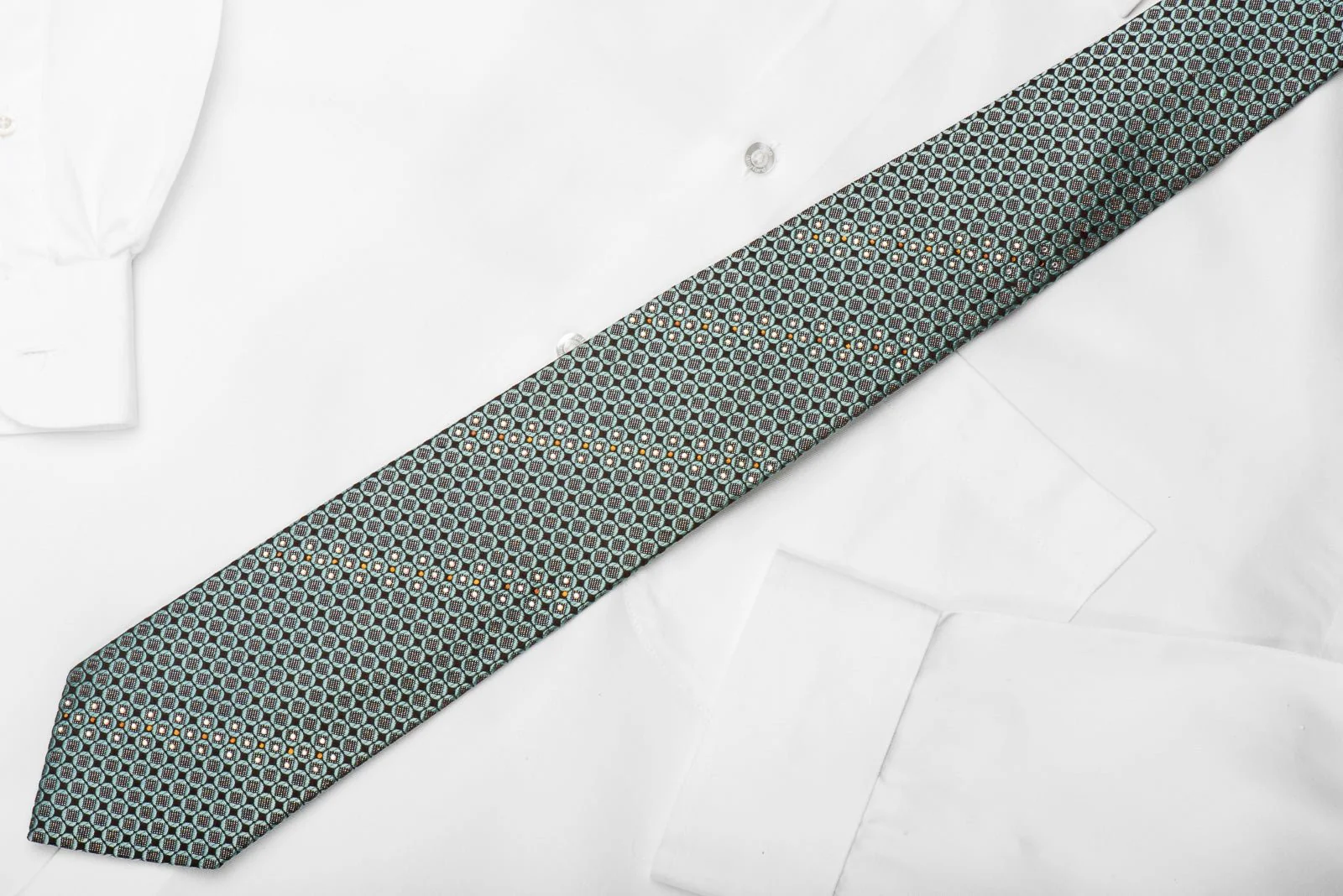 Daniel Hechter Rhinestone Silk Necktie Turquoise Geometric On Brown With Sparkles - Image 5