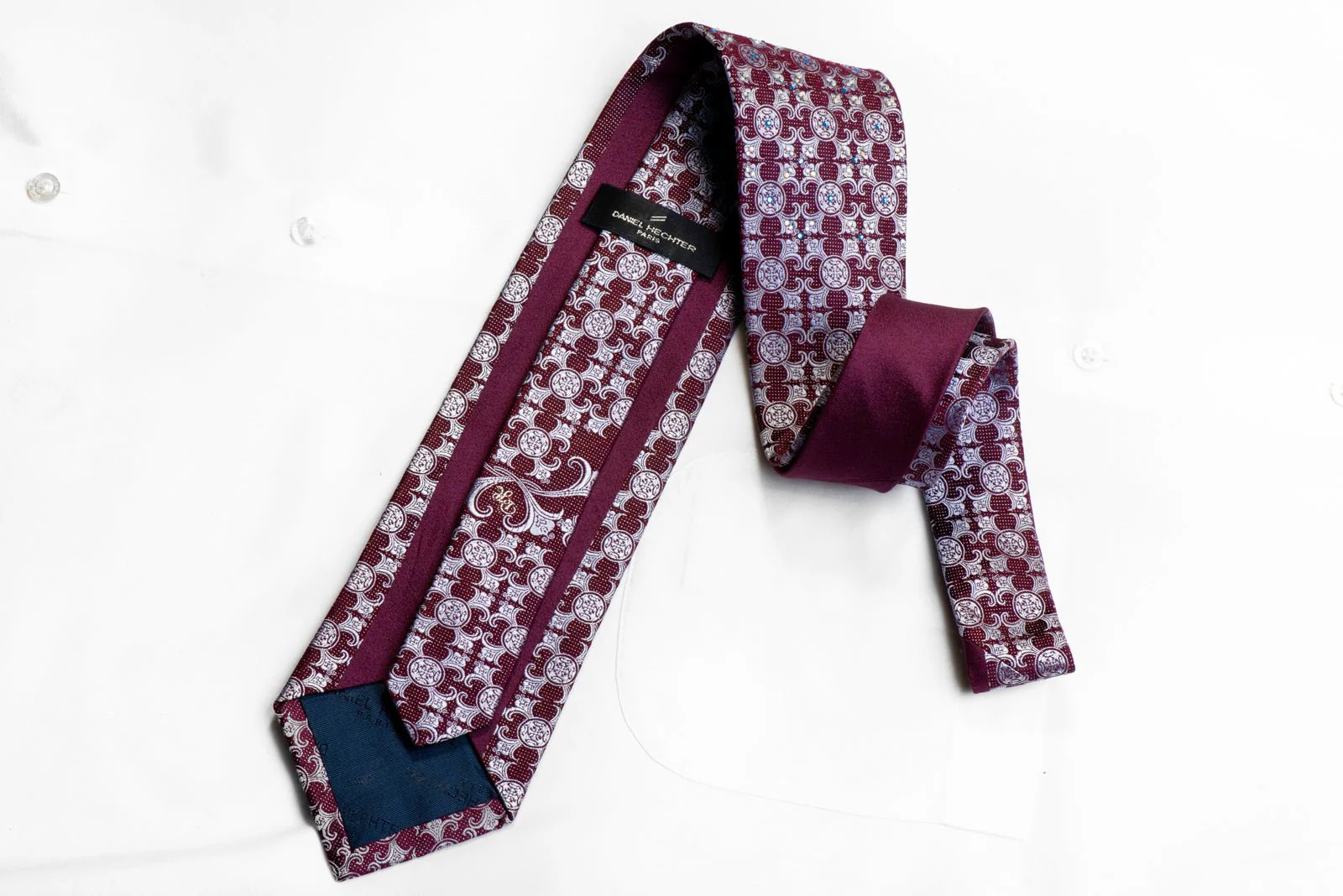 Daniel Hechter Rhinestone Silk Tie Blue Damask On Burgundy With Silver Sparkles - Image 6