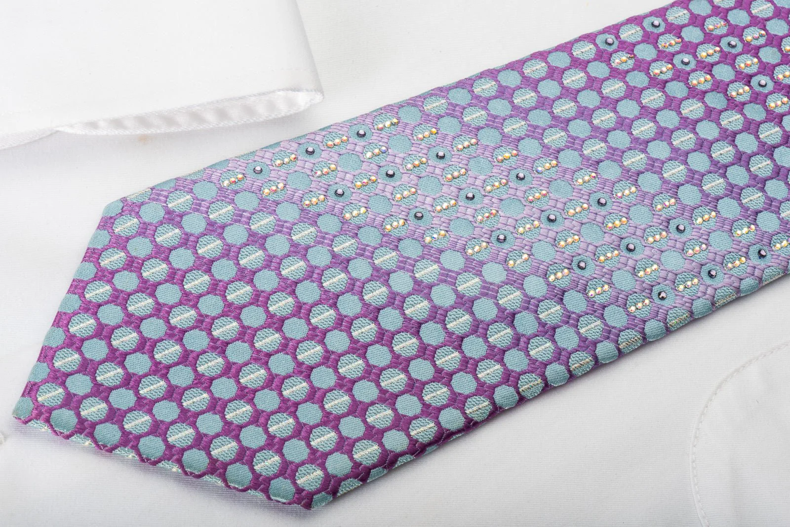 Daniel Hechter Rhinestone Silk Tie Blue Dots On Purple With Silver Sparkles - Image 3