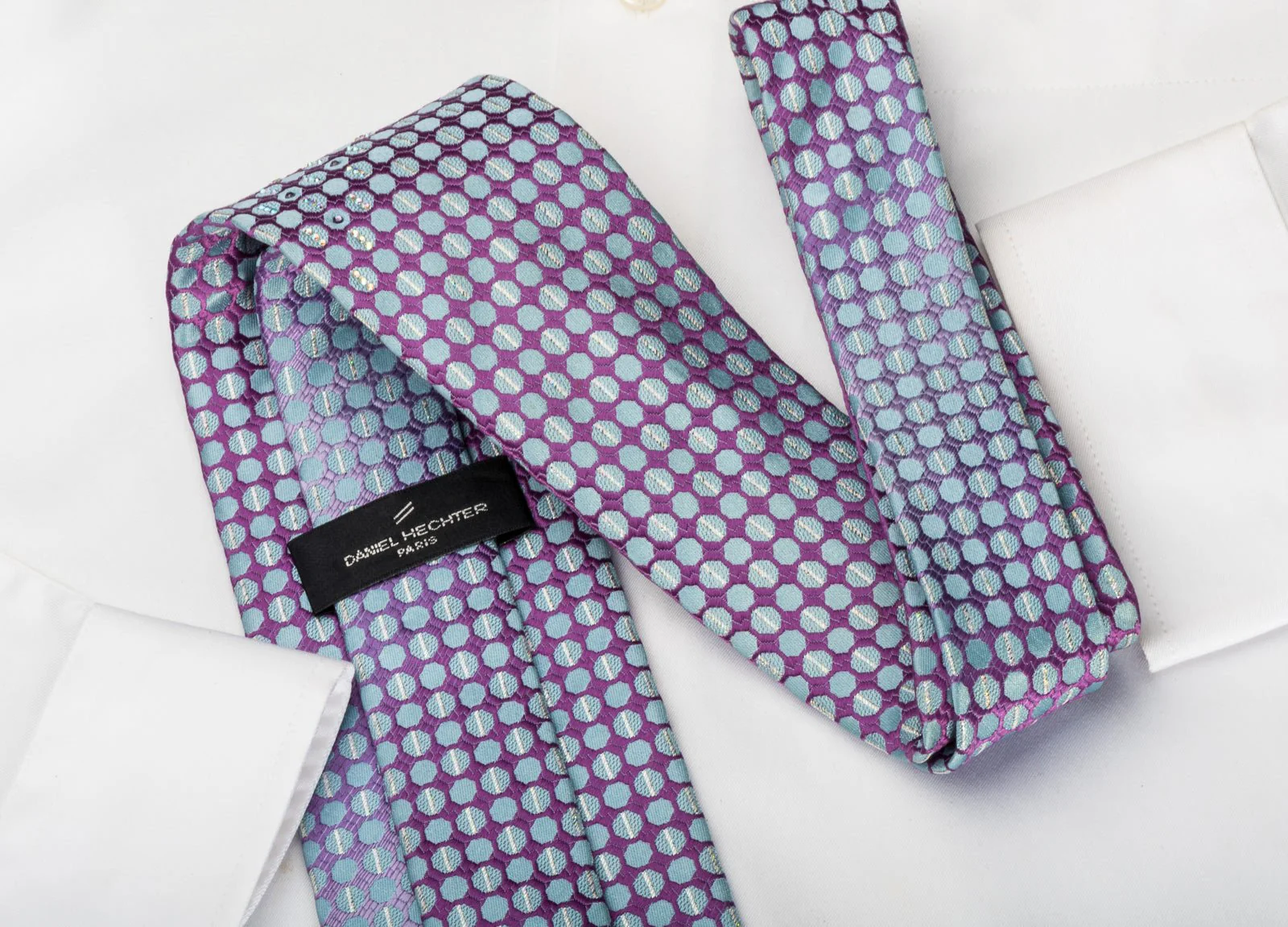 Daniel Hechter Rhinestone Silk Tie Blue Dots On Purple With Silver Sparkles - Image 5