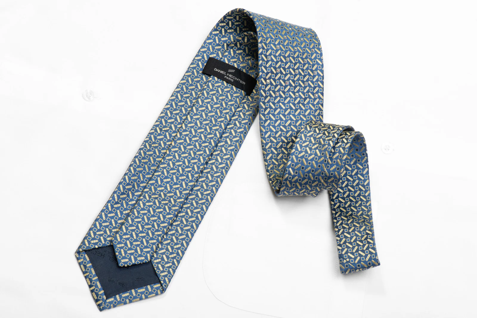 Daniel Hechter Rhinestone Silk Tie Gold Geometric On Blue With Sparkles - Image 4