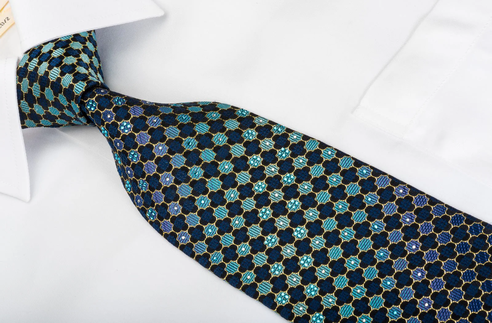Daniel Hechter Rhinestone Silk Tie Quatrefoil Om Turquoise With Gold Sparkles - Image 3