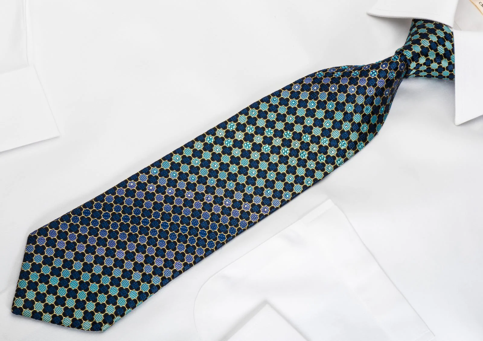 Daniel Hechter Rhinestone Silk Tie Quatrefoil Om Turquoise With Gold Sparkles - Image 7
