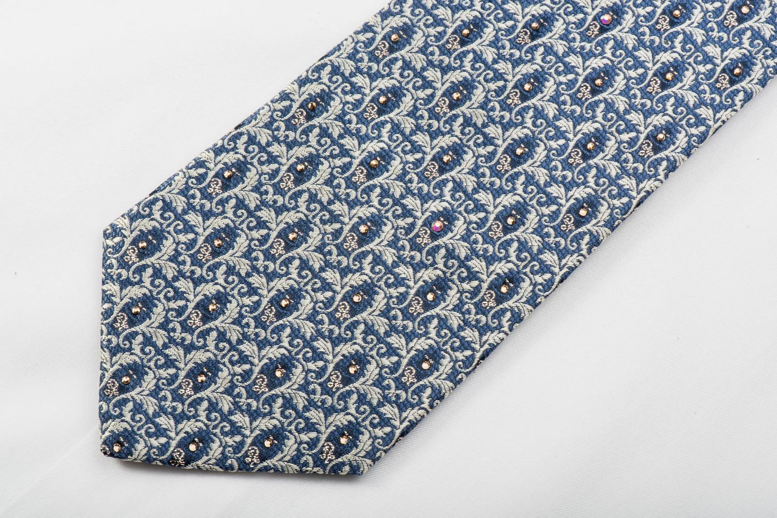 Daniel Hechter Rhinestone Tie Silver Filigree On Blue With Gold Sparkles - Image 3