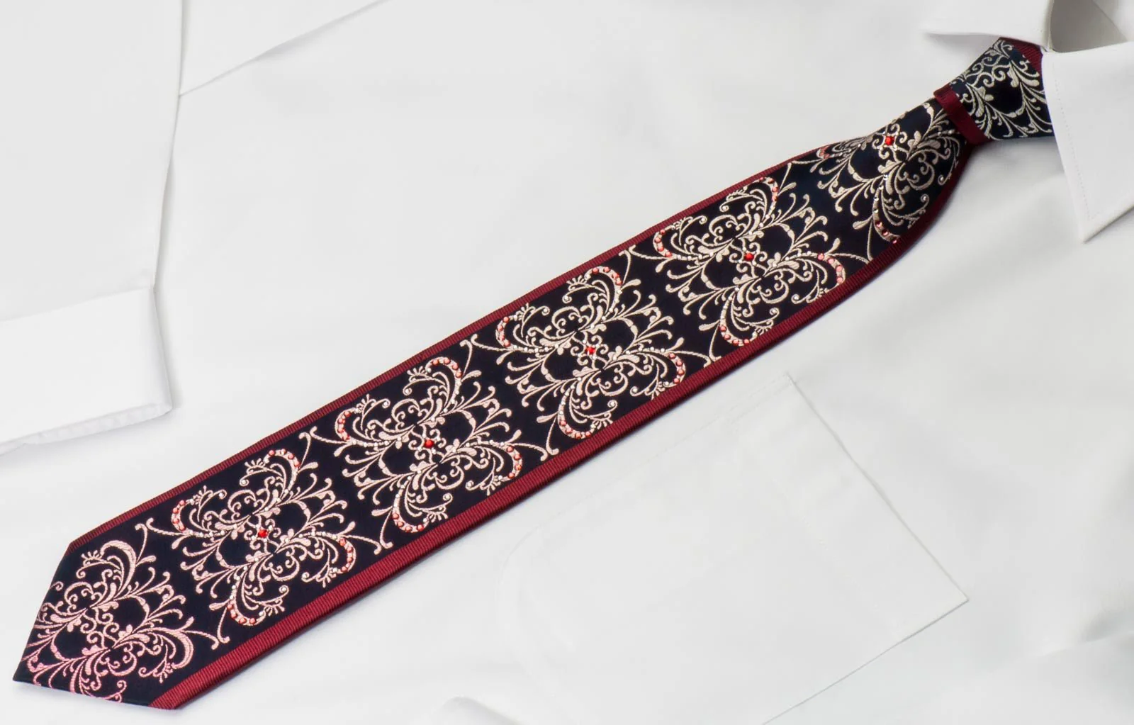 Daniel Hechter Silk Crystal Rhinestone Necktie Damask Design On Dark Navy Blue - Image 6