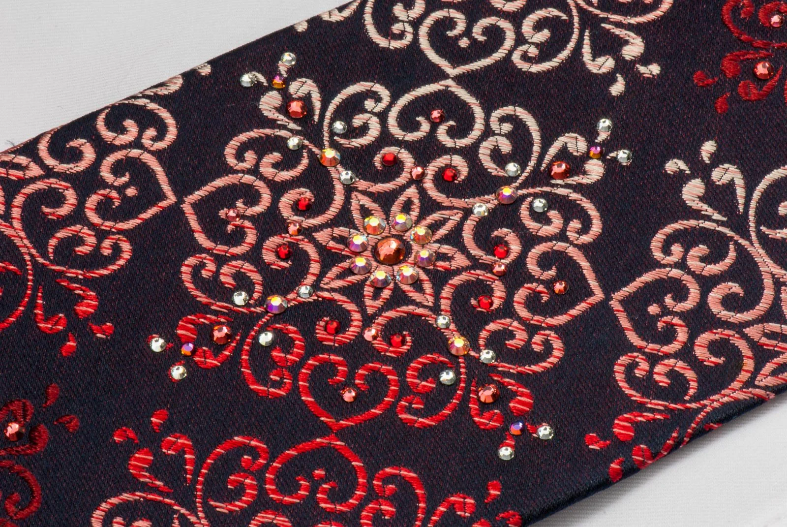 Silk Necktie Burgundy Damask On Navy With Crystal Rhinestones - Image 4
