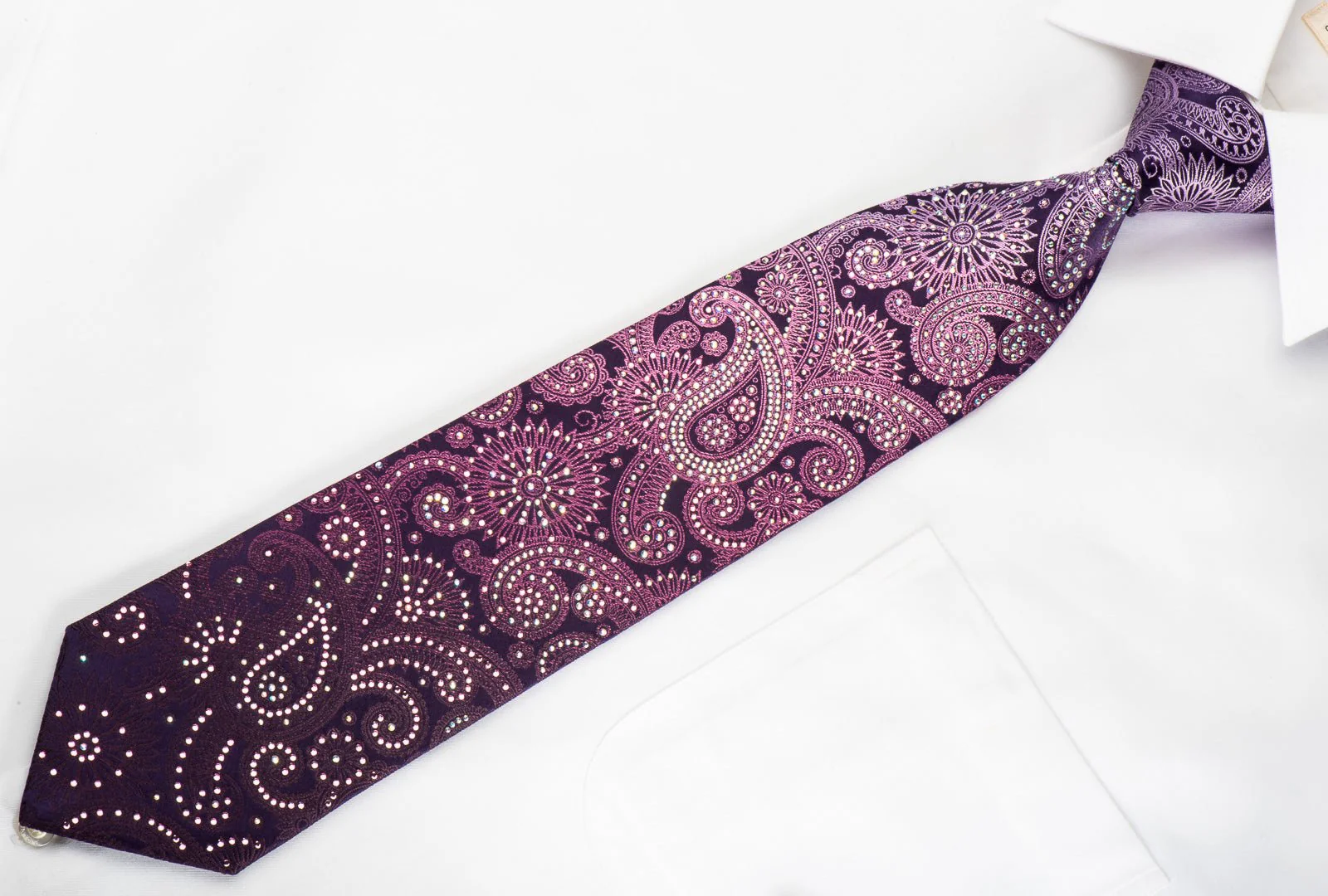 Daniel Hechter Silk Necktie Paisley On Purple Sparkling With Rhinestones - Image 3