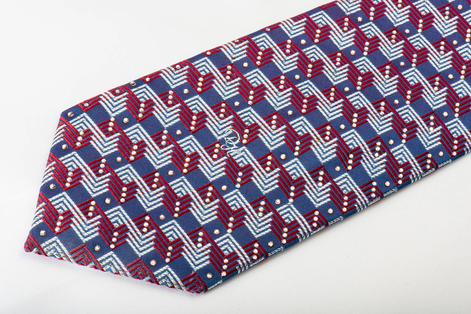 Daniel Hechter Silk Necktie Silver Red Chevron On Blue With Rhinestones & Sparkles - Image 5