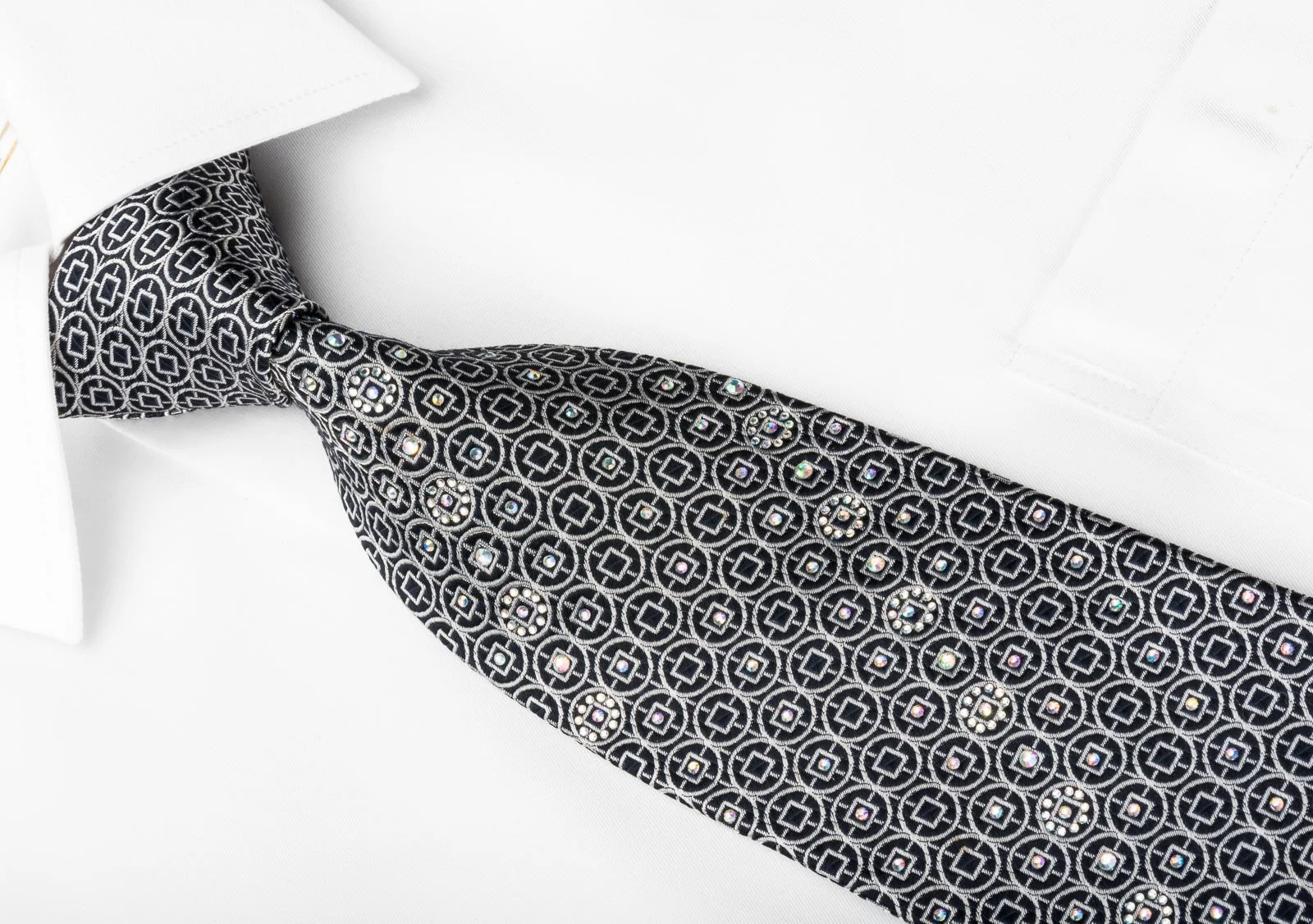 Daniel Hechter Silk Necktie Silver Trellis On Navy Blue Sparkling With Rhinestones - Image 2