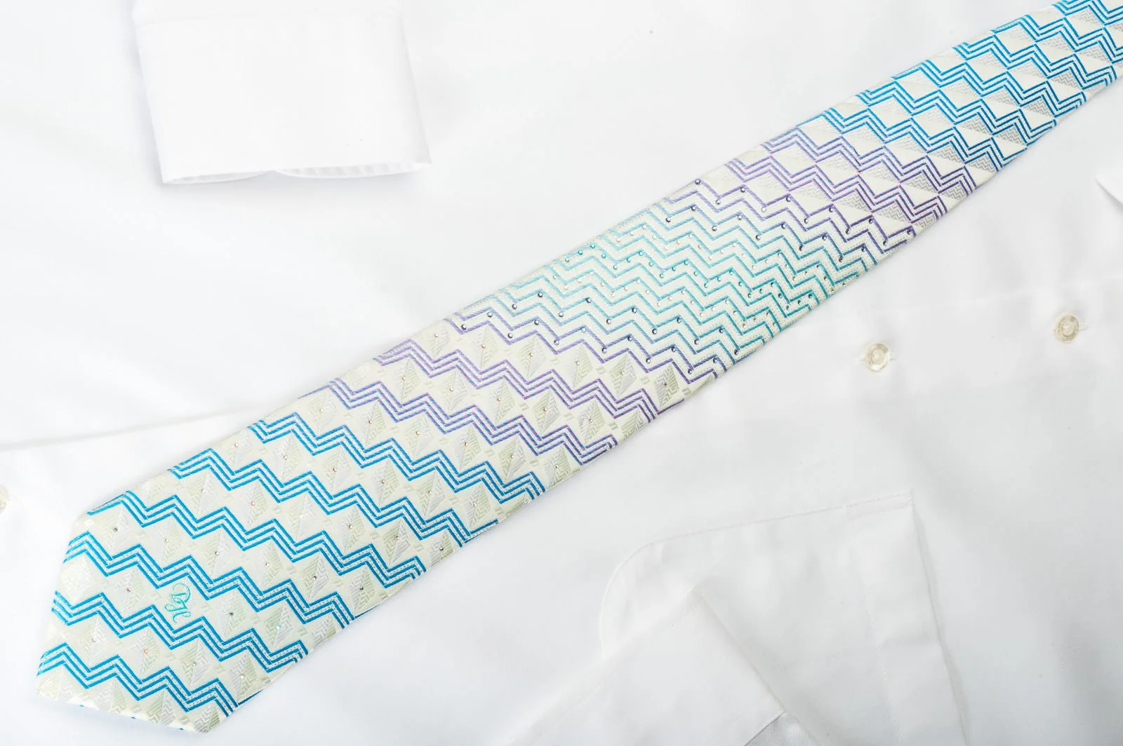 Daniel Hechter Silk Rhinestone Necktie Blue Purple Zigzags On White With Sparkles - Image 3