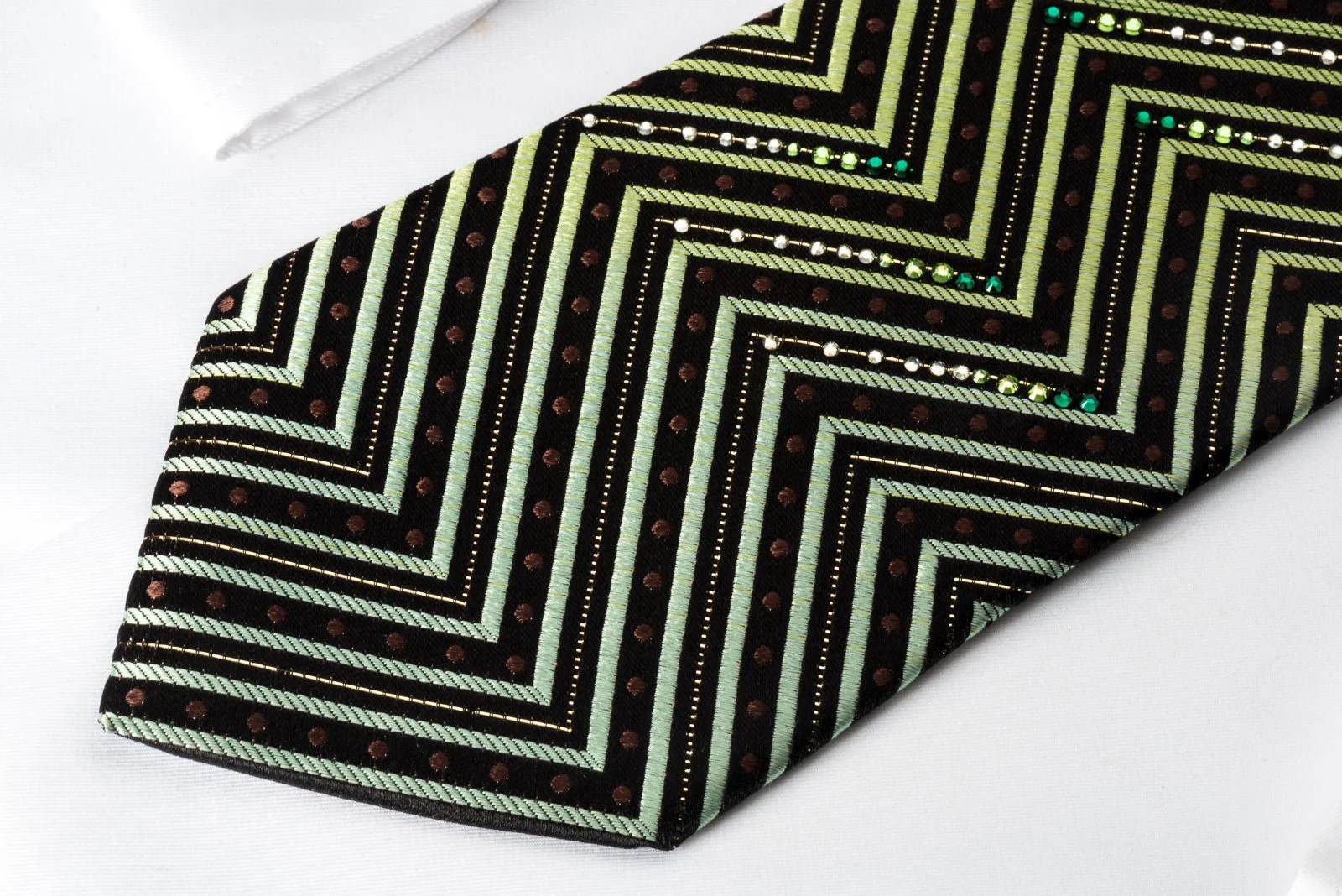 Silk Rhinestone Necktie Green Chevron Zigzags On Black With Silver Sparkles - Image 6