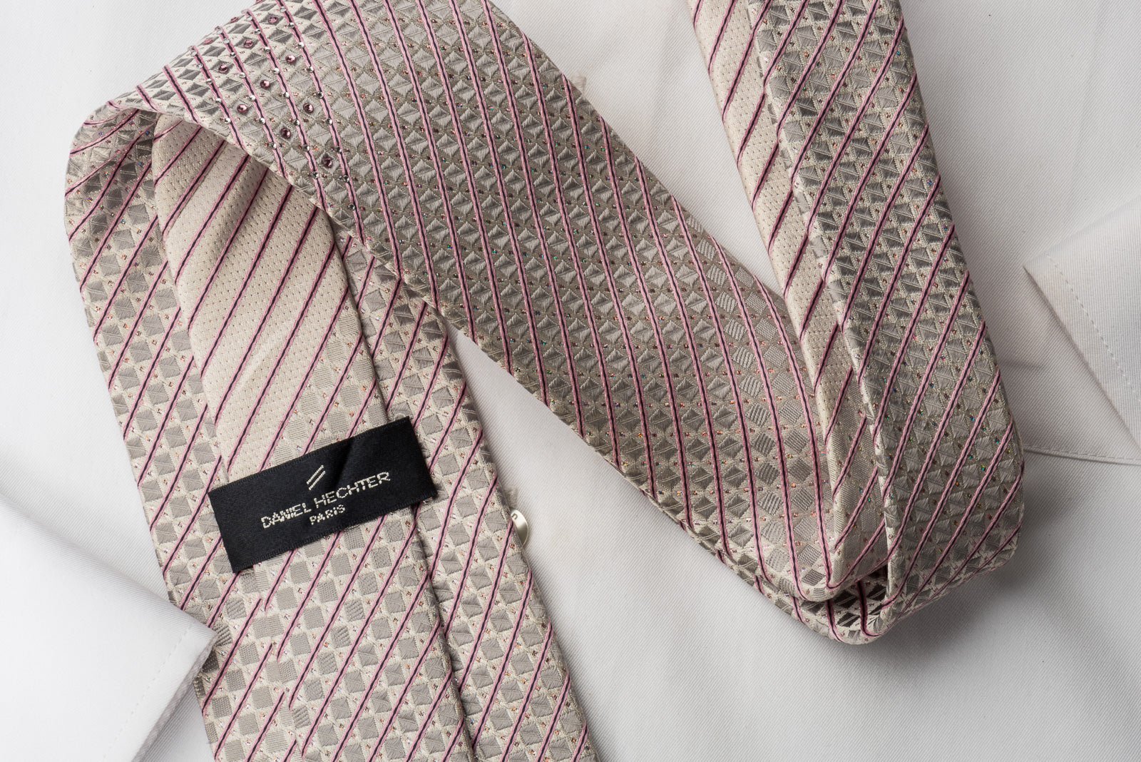 Daniel Hechter Silk Rhinestone Necktie Pink Striped On White With Silver Sparkles - Image 4