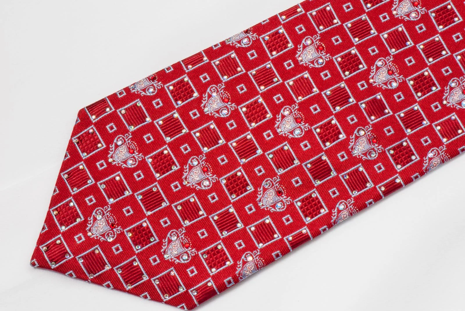 Daniel Hechter Silk Rhinestone Necktie Silver Squares On Burgundy With Silver Sparkles - Image 2