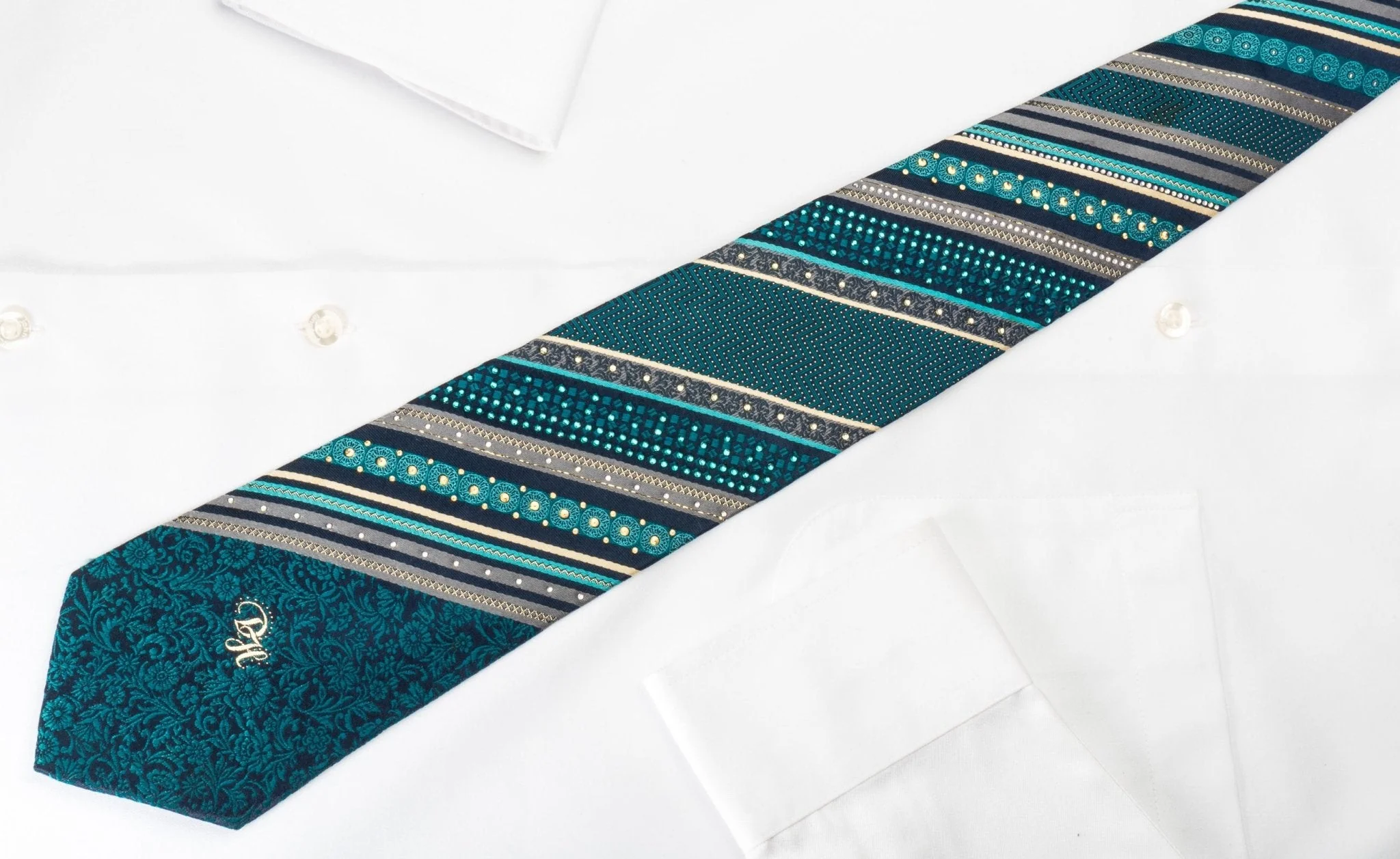 Daniel Hechter Silk Rhinestone Necktie Turquoise Stripes & Floral On Blue With Sparkles - Image 5