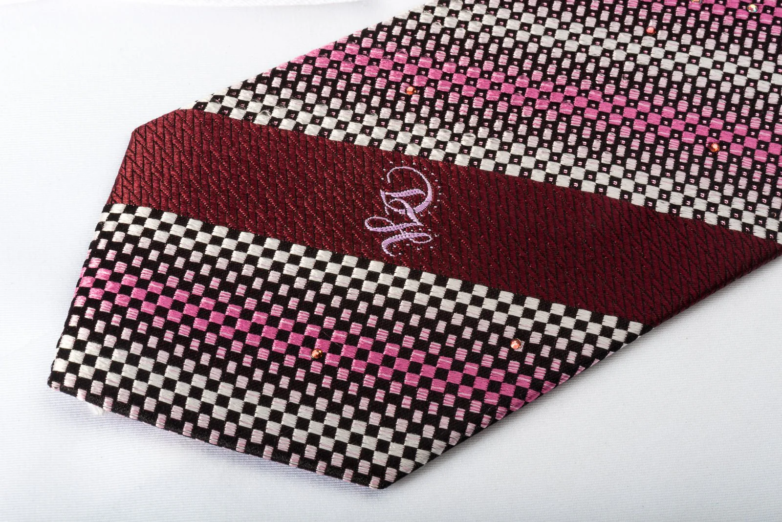 Daniel Hechter Silk Rhinestone Tie Silver Pink Black Checkered Striped With Pink Sparkles - Image 4