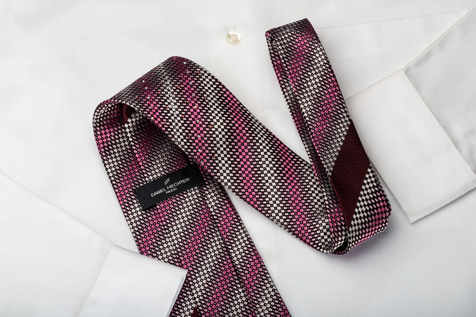 Daniel Hechter Silk Rhinestone Tie Silver Pink Black Checkered Striped With Pink Sparkles - Image 7