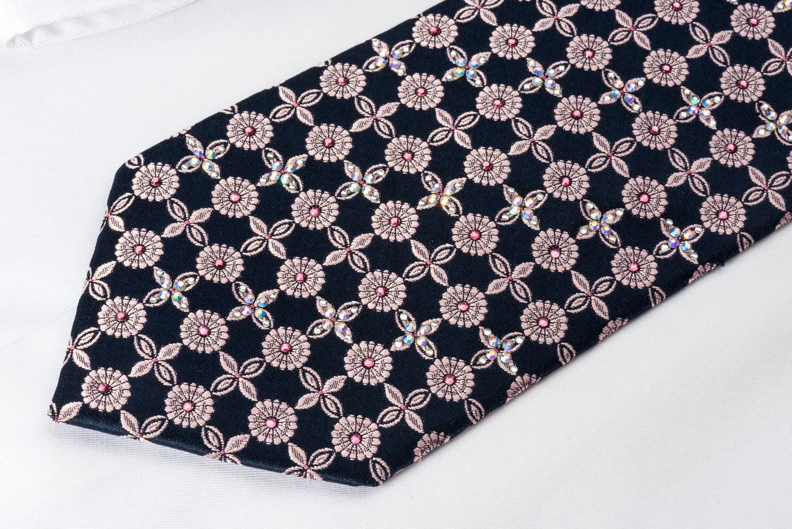 Daniel Hechter Silk Tie Floral Foulard On Blue With Rhinestones - Image 8