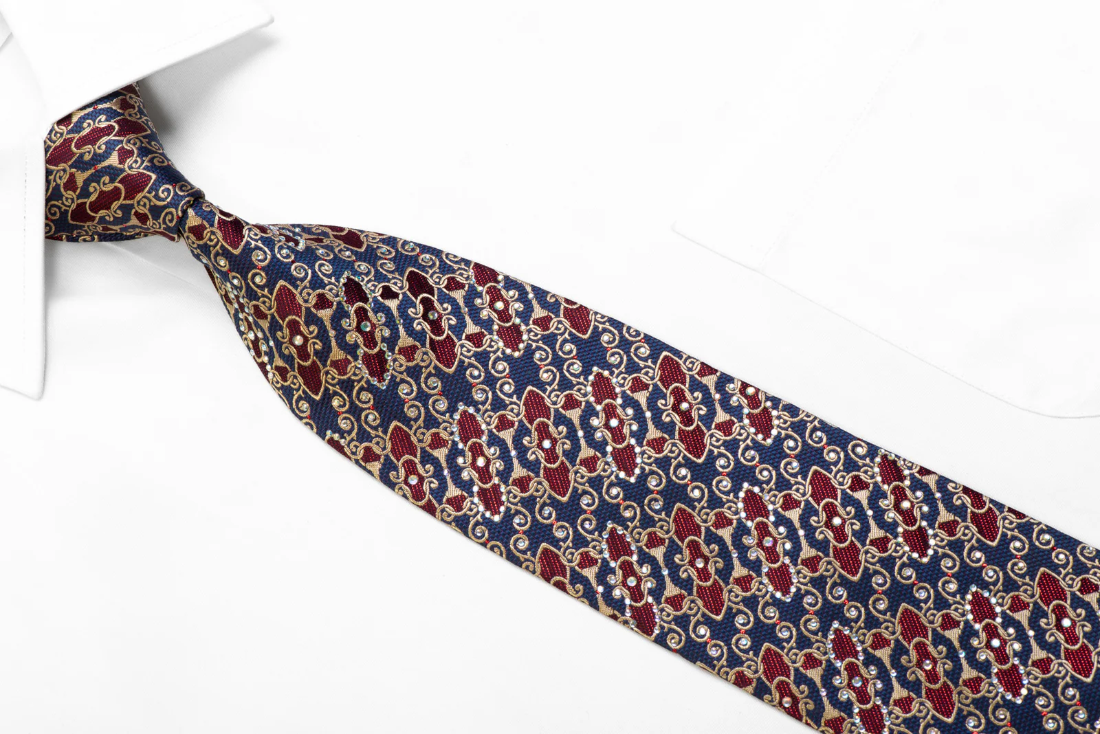 Silk Tie Gold Interlocking Chain On Blue Burgundy With Rhinestones - Image 2