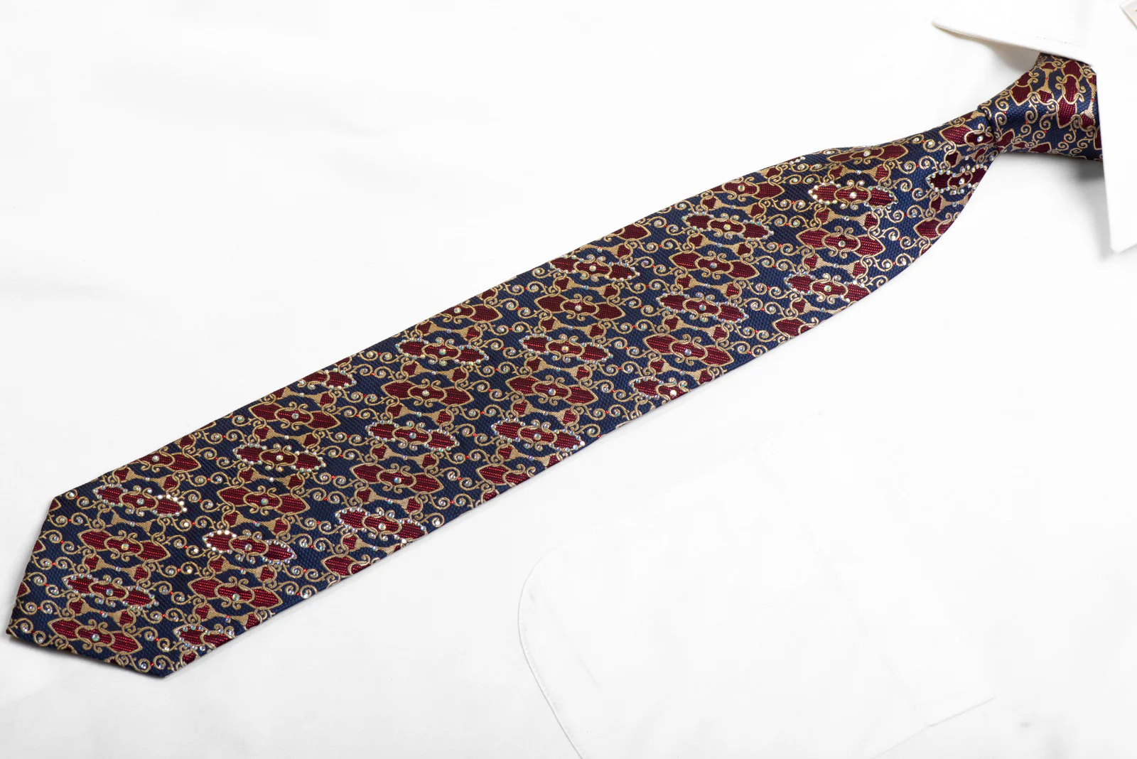 Silk Tie Gold Interlocking Chain On Blue Burgundy With Rhinestones - Image 3