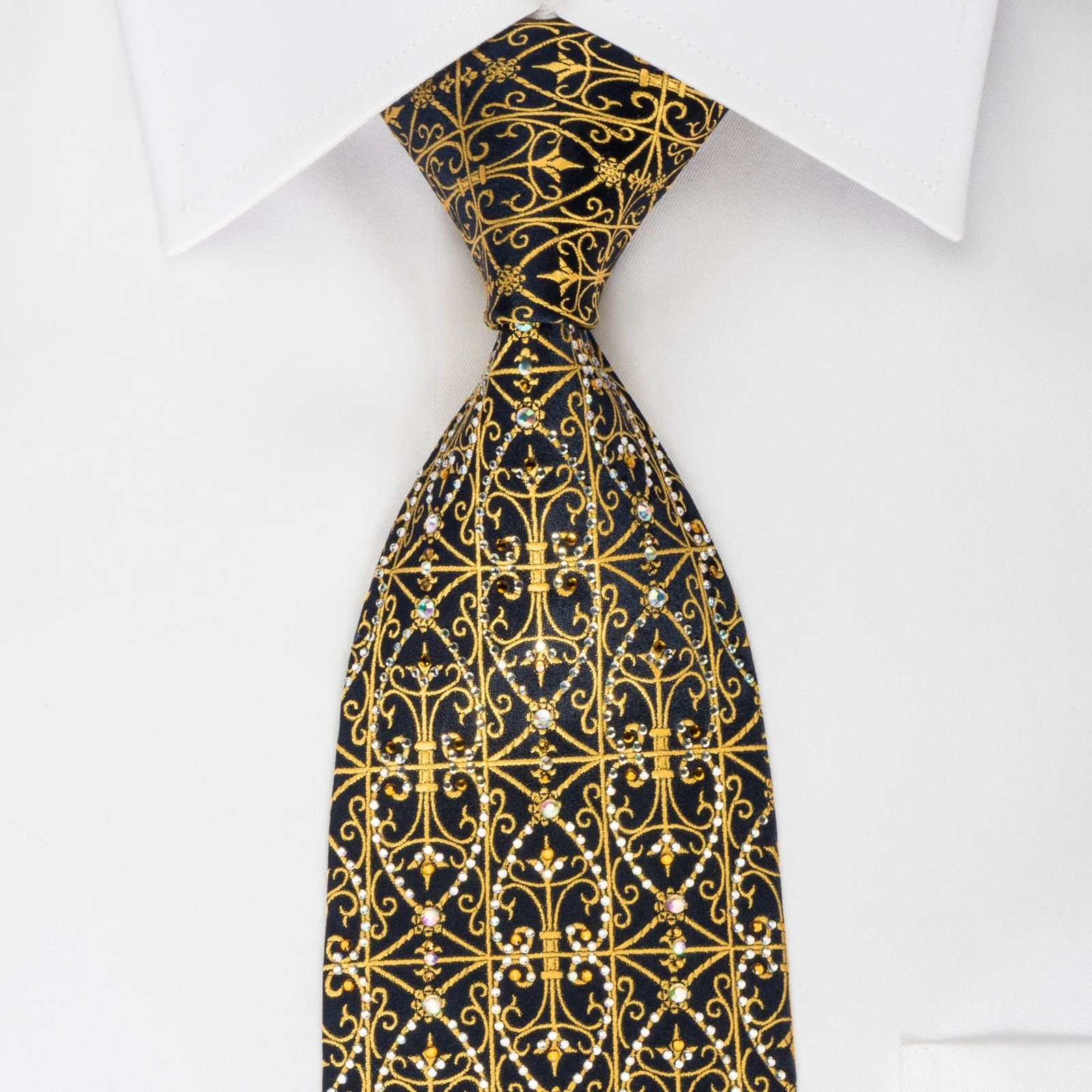 Daniel Hechter Silk Tie Golden Filigree On Navy With Rhinestones