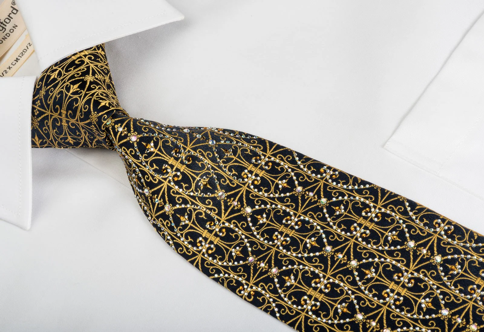 Daniel Hechter Silk Tie Golden Filigree On Navy With Rhinestones - Image 8