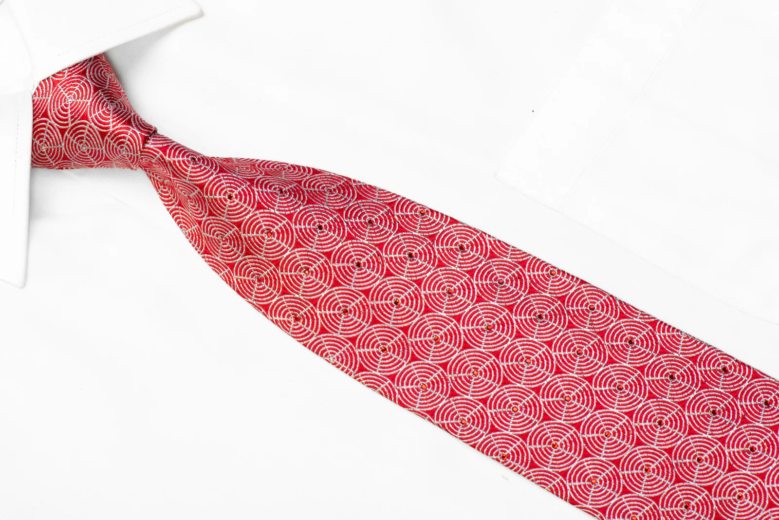 Silk Tie Silver Geometric On Red With Rhinestones & Sparkles - Image 2